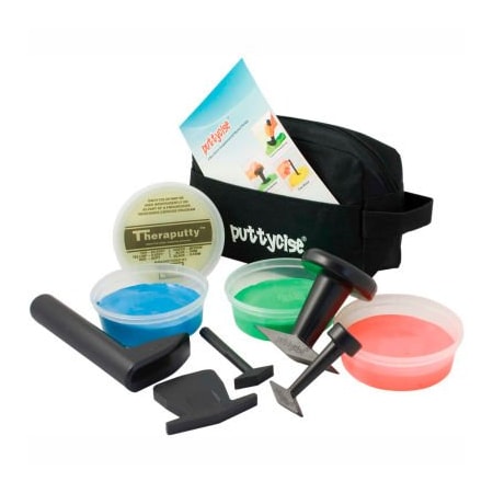 Fabrication Enterprises Puttycise TheraPutty Set, 5 Tools, 4 x 6 oz. Putties, Medium (Yellow, Red, Green, Blue) 339221